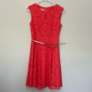 Dressbarn Petite Coral Lace Dress with Gold Belt